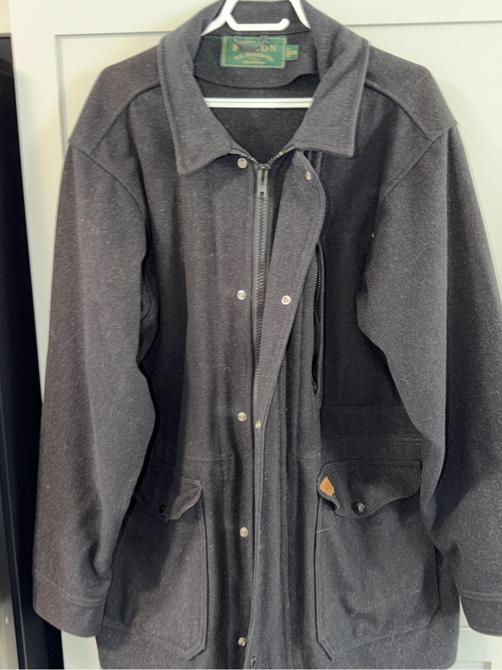Filson Charcoal Wool Jacket with Brown Leather Patch
